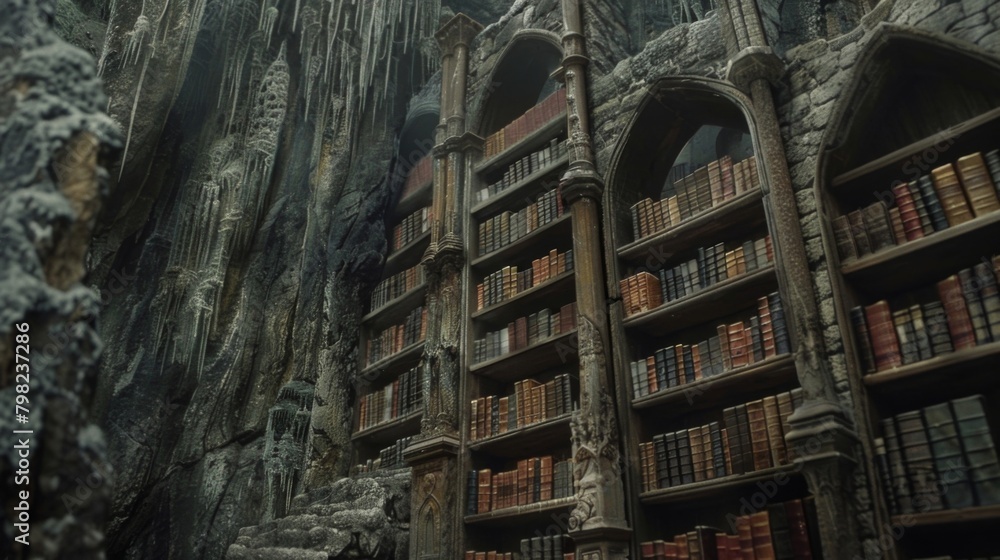 Poster a library carved into the side of a mountain its shelves filled with spellbooks and enchanted scroll