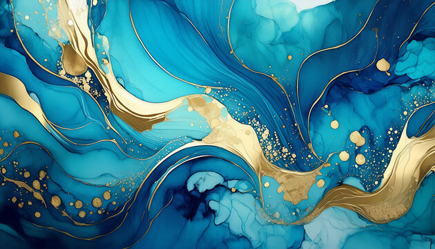 blue gold abstract oil on water background turquoise paint swirls backdrop wallpaper