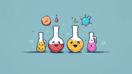 A cartoon illustration of a group of beakers with faces, AI