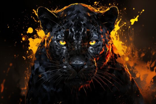Black panther with yellow eyes on a black background with splashes of yellow paint