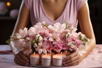 A woman in a pink top holds a tray of pink flowers and candles.