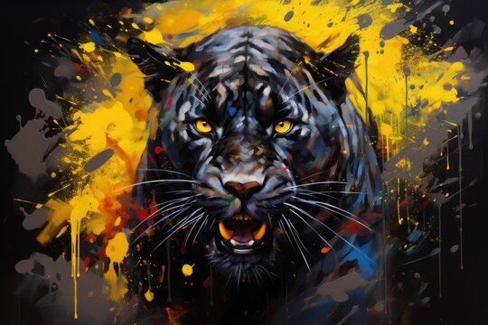 Black panther with an open mouth painted with oil paints on a black and yellow background