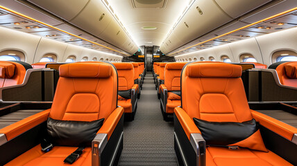 Empty Superior Comfort First class travel with orange seats and luxurious chairs.