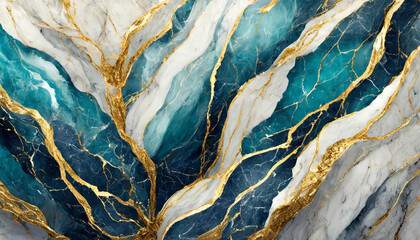 Abstract white, blue and turquoise dynamic fluid agate marble with thin gold veins texture...