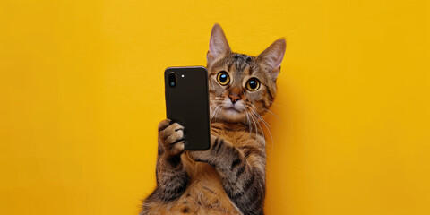 Playful cat taking a selfie on a yellow background, Posing with a smartphone in its paw.