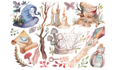 Witch hat watercolor hand drawn forest fairy tale mushrooms and leaves witchcraft magic on a white background separately cartoon
