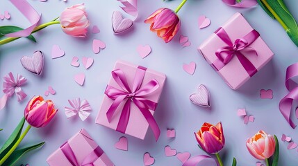 Celebrate Mother s Day with a charming flat lay displaying pink gift boxes tied with ribbons vibrant tulip flowers and delicate paper hearts arranged on a lovely pastel violet backdrop offe - Powered by Adobe
