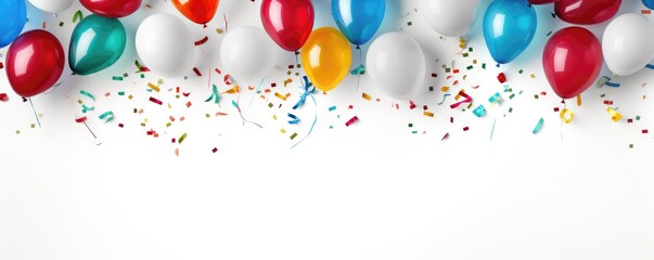 Festive balloons with ribbons and scattered confetti over white, representing celebration or party