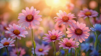 Field of Pink Flowers With Sun in Background