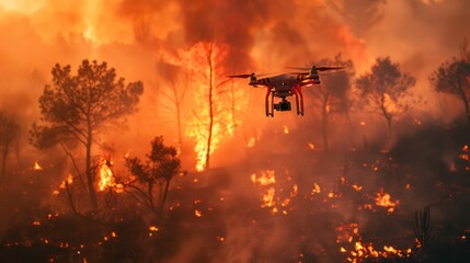 Illustrate the innovative use of drones to survey and assess damage caused by wildfires, providing crucial information to first responders Close-up