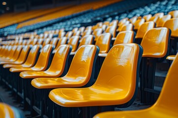 yellow tribunes. seats of tribune on sport stadium. empty outdoor arena. concept of fans. chairs for audience. cultural environment concept. color and symmetry. empty seats. modern stadium