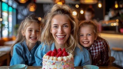 Mother's Day celebration concept. Radiant mother with two daughters at a cafe celebrating with a cake. Design for lifestyle blog, greeting card, event invitation.
