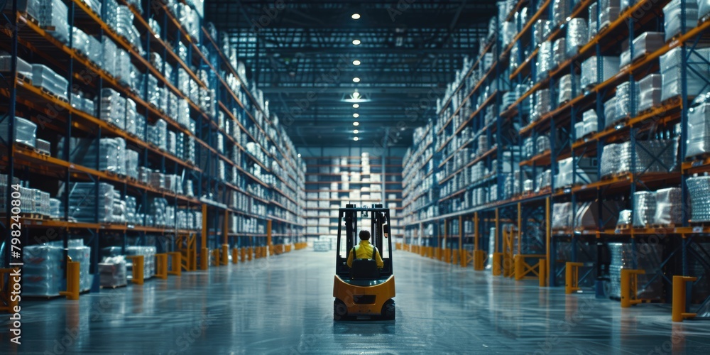 Poster smart warehouse worker or operator driving forklift and lifted product surrounded with box at storag