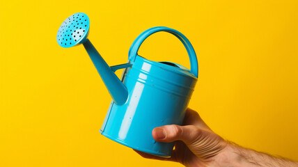 Isolated on a vivid yellow backdrop, a close-up of a small blue watering can in hand.