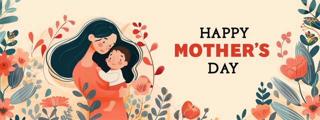 Mother holding child tenderly with floral background "Happy Mother's Day" text. Celebrating motherhood and spring concept. Design for Mother's Day banner, greeting card, poster.