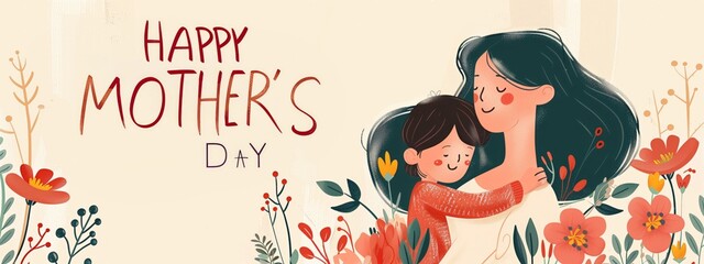 Mother hugging child lovingly with vibrant floral decoration and "Happy Mothers Day" calligraphy. Celebration of motherhood and spring concept. Design for Mother's Day banner, greeting card, poster.