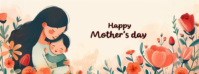 Mother's Day greeting card, banner, poster. Mother embracing child illustration with spring flowers and "Happy Mother's Day" message. Springtime celebration and motherhood concept.