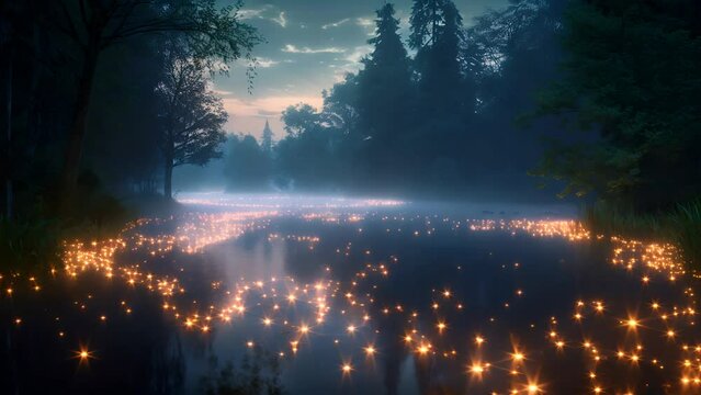 summer evening on the river with small mysterious lights shining over the river