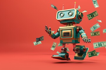 Whimsical 3d rendering of ai robot and flying dollar bills illustrating online shopping sale bonuses
