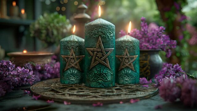 three green candles decorated with pentacle star symbol ornament burning outside in the green garden with purple flowers.