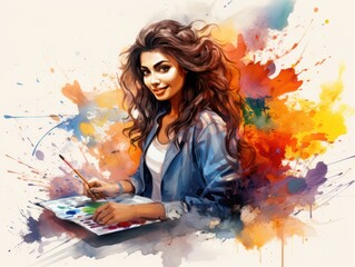 A woman with long, wavy hair holding a paintbrush and palette. She is wearing a white shirt and a blue jacket. The background is a colorful watercolor explosion of orange, yellow, pink, and blue.
