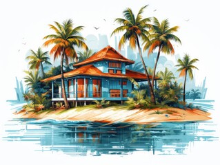 A blue house on a small island surrounded by palm trees and the ocean.