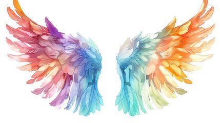 Clipart illustration of rainbow pastel angel wings isolated on white background