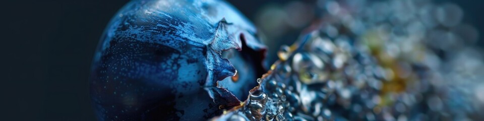 A panoramic macro shot captures the surreal landscape of a blueberry and dewdrops