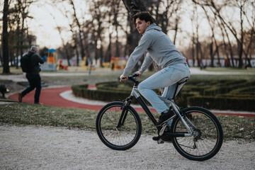 Casual clothing dressed man riding a bicycle on a path in a beautiful park during the daytime.