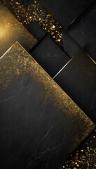 Abstract luxury background with geometric forms, precious stones, gold, and golden dust. Black and golden colors
