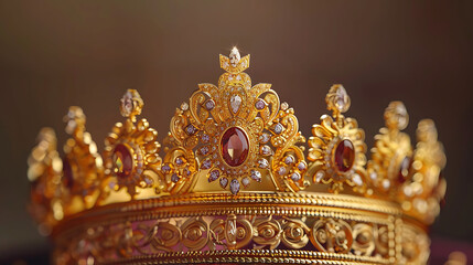 an exquisite golden crown adorned with intricate designs and gemstones. The crown features: Golden Elegance: The crown is crafted from golden material, radiating opulence