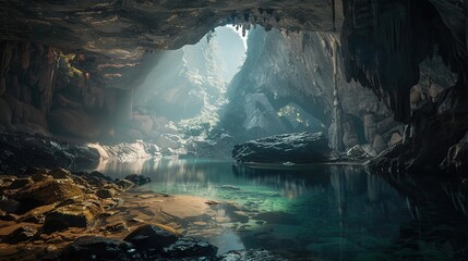 The image is of a cave interior with a bright light coming in from the mouth of the cave. The cave is full of lush vegetation and there is a river running through it. There is a small boat on the rive - obrazy, fototapety, plakaty