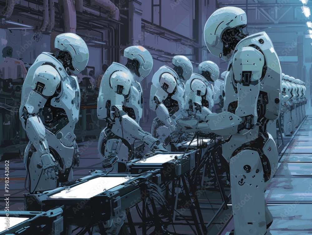 Aufkleber a multitude of cyborg robots. mass assembly. ai generative.
