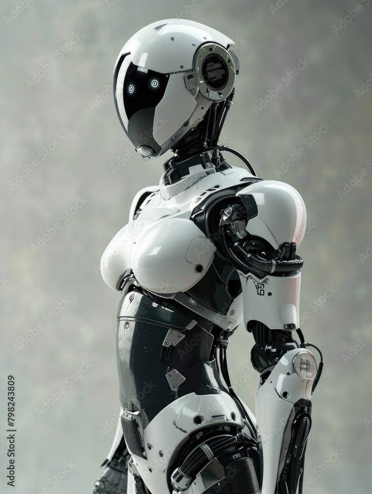 Poster humanoid robot with a sleek design posing in a modern setting.