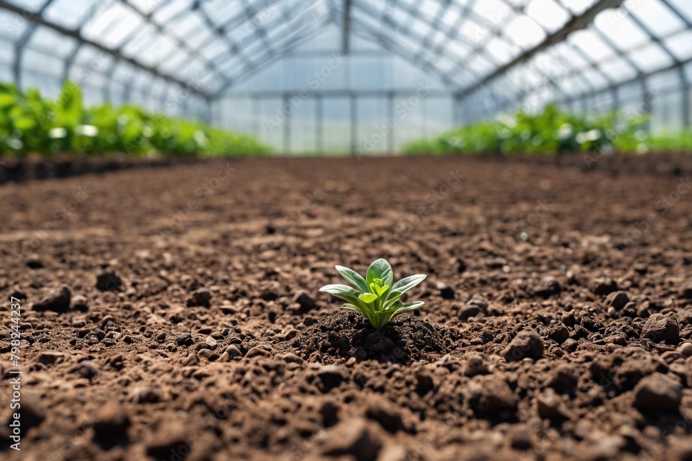 Wall mural Loose soil before planting vegetables, agriculture. Preparing the soil for planting a nursery on an organic vegetable farm. Indoor greenhouse with soil background.