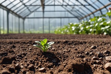 Loose soil before planting vegetables, agriculture. Preparing the soil for planting a nursery on an organic vegetable farm. Indoor greenhouse with soil background.