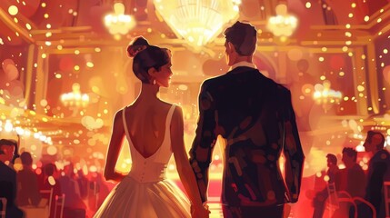 A man and a woman stand in front of a crowd of people. They are dressed formally and appear to be speaking or presenting to the audience