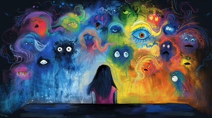 The girl stands facing a wall with bright, alien-like creatures with eyes and mouths. The wall is a rainbow of colors. The girl has long black hair and looks at the wall.