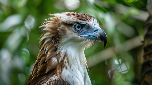 A close up of a Philippine eagle looking to the right with a blurred background of foliage.

