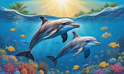 Dolphins under water at the coral reef
with tropical fishes. Underwater world of the ocean.
Algae, corals and sea anemones on the seabed.