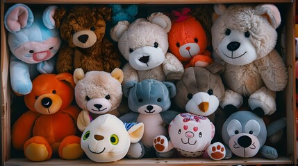 A top view of a toy box filled with soft, huggable plushies of various shapes and sizes, inviting cuddles and comfort.
