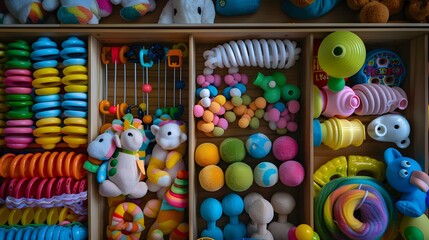 A top view of a toy box filled with colorful rattles, teethers, and other sensory toys, designed to stimulate a baby's senses.