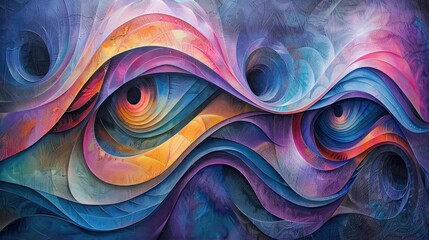 Abstract painting of colorful waves of blue, purple and orange. Waves have a textured appearance and are made up of bends and curls. The painting is made in such a way that it resembles eyes.