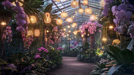 A tranquil pastel greenhouse filled with exotic plants and orchids, bathed in the gentle glow of hanging lanterns and twinkling fairy lights.