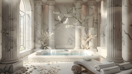 A tranquil pastel spa room with a bubbling jacuzzi surrounded by marble pillars, accented with...