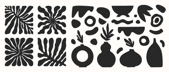 Vector black and white hand drawn Matisse aestethic art.Hand drawn organic abstract nature forms and vases.Trendy graphic perfect for prints,flyers,banners,fabriс,branding design,covers.