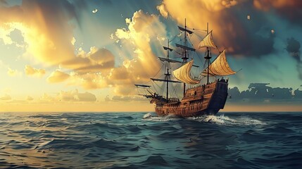 A majestic sailing ship on the ocean, under a cloudy sky at sunset. The sails are fully spread, and the ship appears to be in full motion. - obrazy, fototapety, plakaty