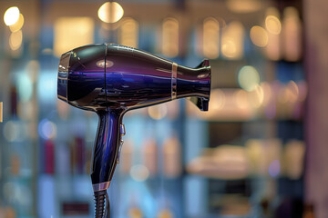 photo of blow dryer, with a beautifully blurred background enhancing the subject's prominence and adding a touch of elegance in a saloon