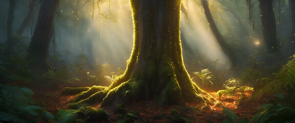 Ancient Guardian: Sunlight Through the Mystic Forest Generative AI