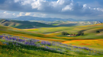 A vast expanse of rolling hills and meadows, with patches of colorful wildflowers and a distant farmhouse nestled among trees.